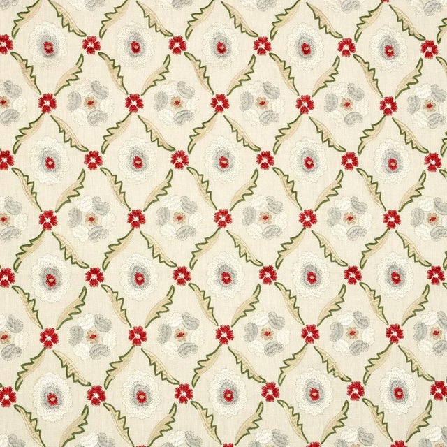 Schumacher Claremont Embroidery Fabric in Crimson For Sale