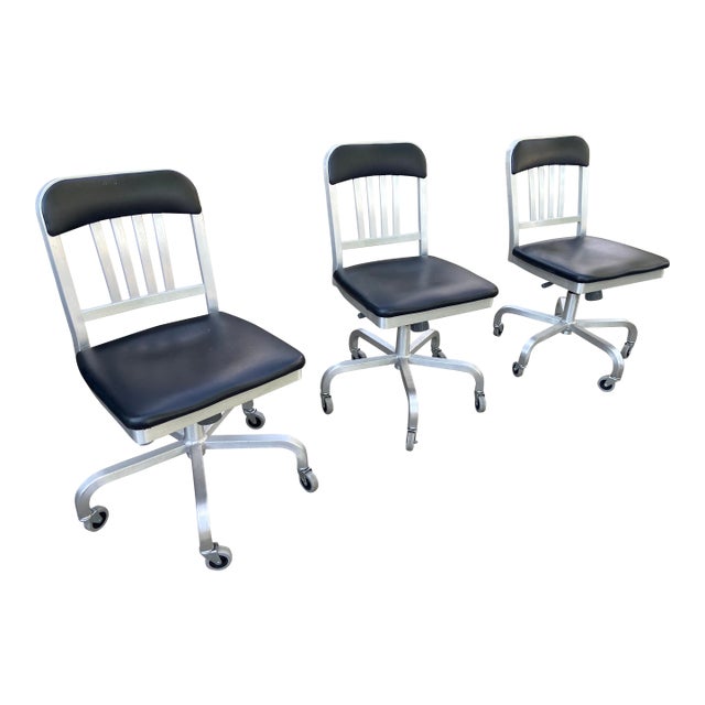 Emeco 1022 Aluminum Leather Navy Semi Upholstered Swivel Chairs Set of 3 For Sale