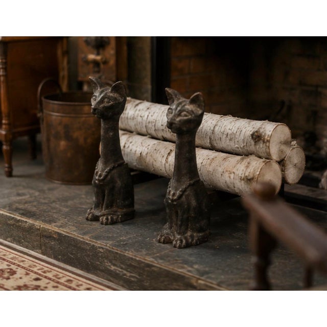 A Pair of Vintage Mid-Century Stylized Cast Iron Cat Andirons For Sale - Image 10 of 12