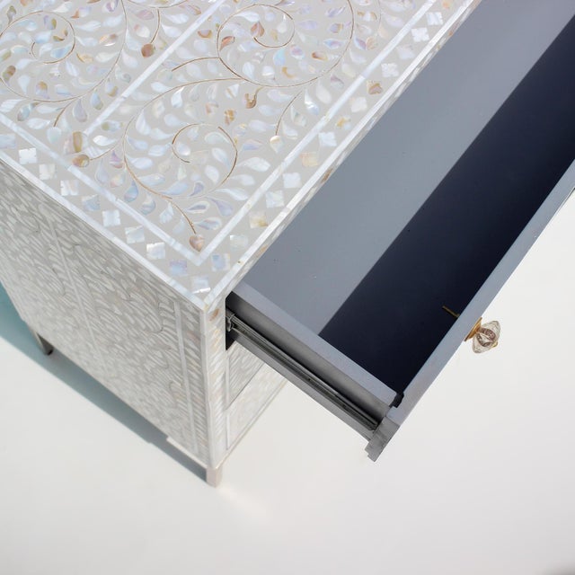Arts & Crafts Arabesque Mother of Pearl Inlay Three-Drawer Dresser - Grey by House of Jaipur For Sale - Image 3 of 5