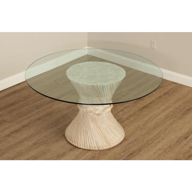 High Quality Vintage Rattan Wheat Sheaf Pedestal Dining Table with Thick Round Glass Top, Possibly by McGuire (Not Labeled)