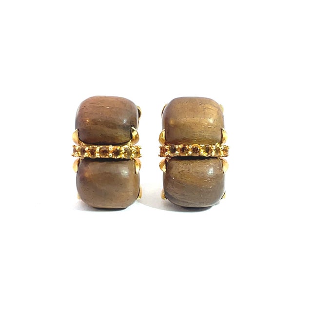 Orange 1980s Pair of Rare Seaman Schepps 18k Yellow Gold, Wood Block & Citrine Ear Clips For Sale - Image 8 of 10