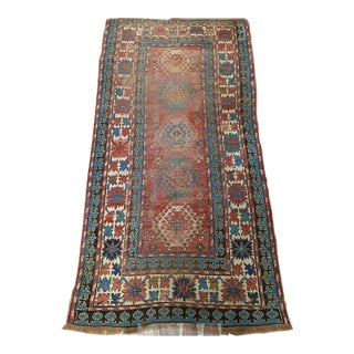 Distressed Antique Hand-Knotted Caucasian Gallery Rug. 4'7'x 8'10". For Sale