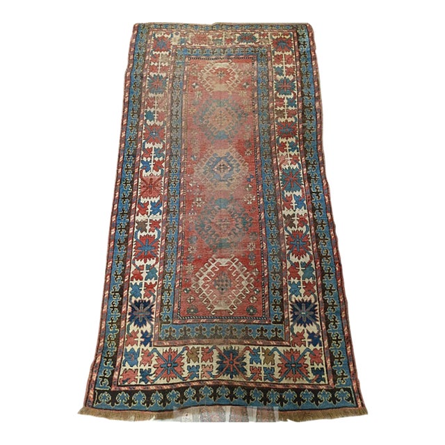 Distressed Antique Hand-Knotted Caucasian Gallery Rug. 4'7'x 8'10". For Sale