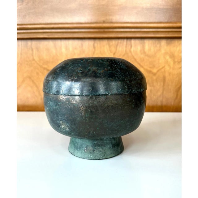 Asian Antique Korean Antique Bronze Footed Vessel with Lid Early Joseon Dynasty For Sale - Image 3 of 12
