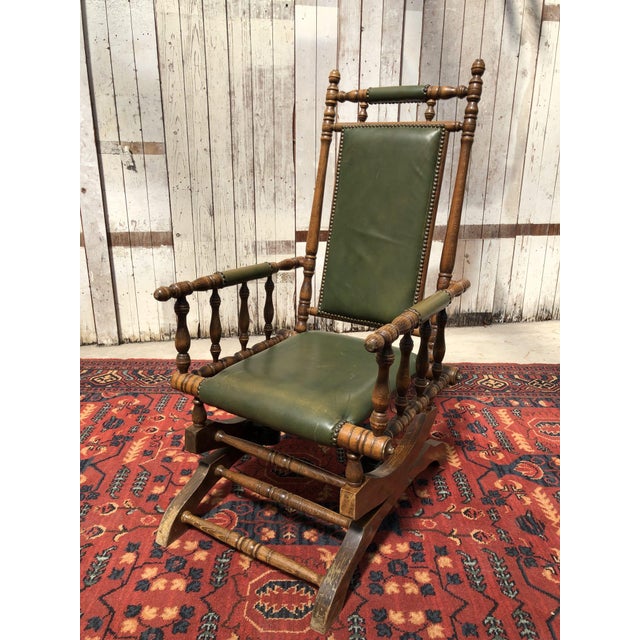 Vintage Dark Green Leather Rocking Chair with High Back from Onbekend, 1950s For Sale - Image 6 of 6