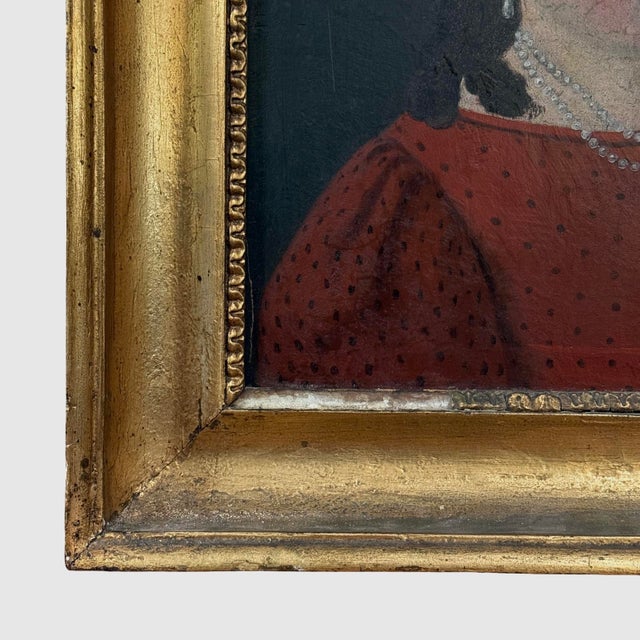 Paint 19th Century Danish Folk Art Portrait of Young Girl in Red Dress With Pearl Necklace (Oil on Board) For Sale - Image 7 of 12