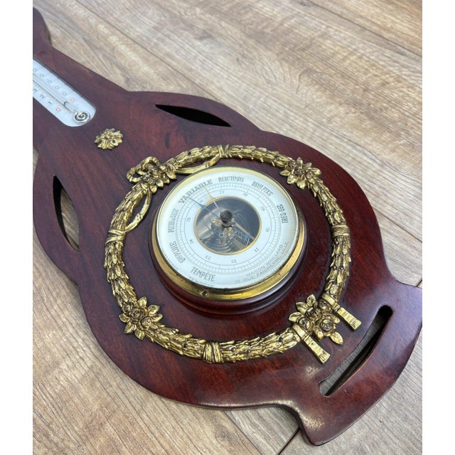 Vintage Brass and Mahogany Wall Barometer For Sale - Image 9 of 11