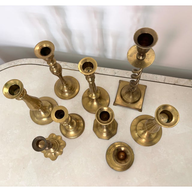 Mid 20th Century Assorted Brass Candlestick Holders, Set of 9 For Sale - Image 6 of 7