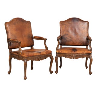 Pair of 20th Century French Oak Armchairs With Vintage Leather For Sale