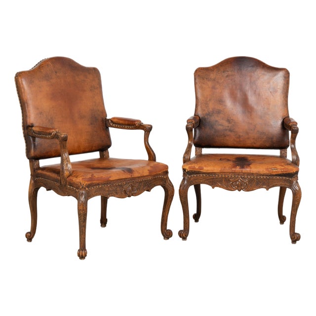 Pair of 20th Century French Oak Armchairs With Vintage Leather For Sale
