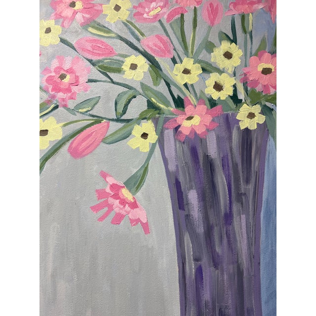 Abstract Extra Large, Folk Art, Modern Abstract Floral Still Life Acrylic Painting, Signed, Dated For Sale - Image 3 of 6