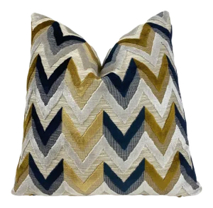 Gold Navy Cream Herringbone Velvet Throw Pillow With Insert