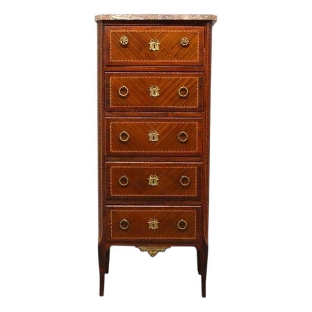 Louis XVI Style Mahogany, Rouge Marble & Ormolu Inlaid 5-Drawer Lingerie Chest For Sale
