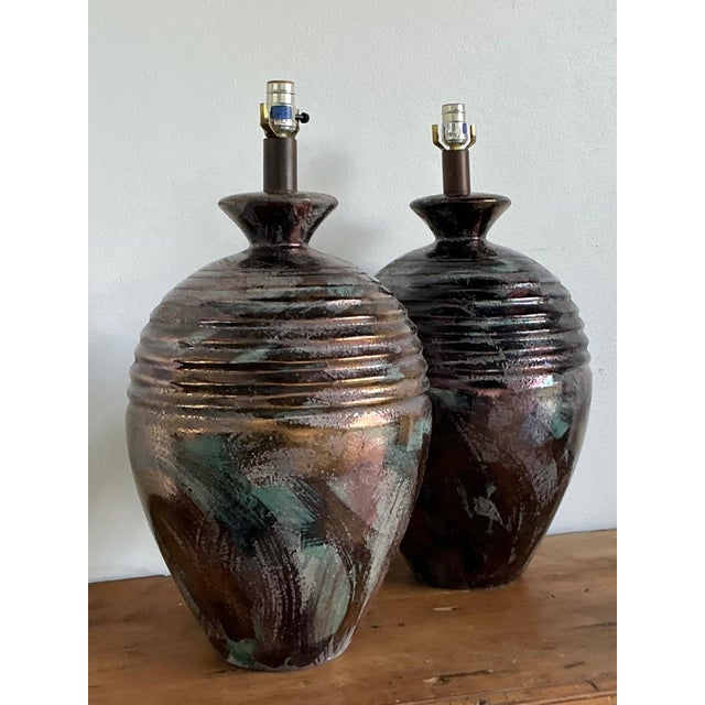Vintage Glazed Metallic Ceramic Lamps - Set of 2 For Sale - Image 17 of 18