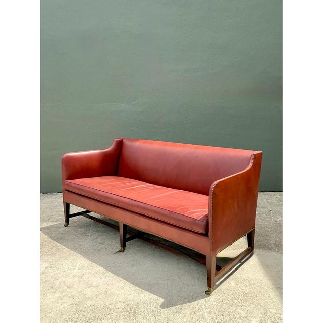 Hollywood Regency Vintage Saybolt and Cleland Nailhead Trim Leather Sofa For Sale - Image 3 of 12