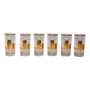 Culver Ltd Highball Cocktail Glasses With 22k Gold Owls Hollywood Regency 1950s