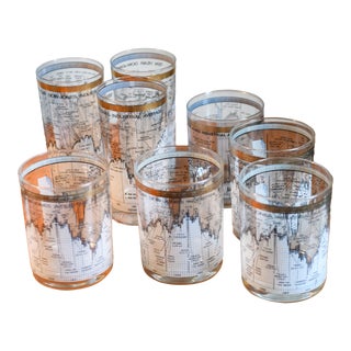 1950s Vintage Cera for Neiman Marcus Dow-Jones Industrial Average Bar Gold Glasses- Set of 8 For Sale