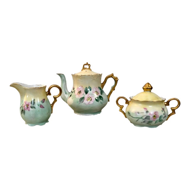 Early 20th Century Hand Painted Floral Limoges Porcelain Coffee/Tea Set- 3 Pieces For Sale