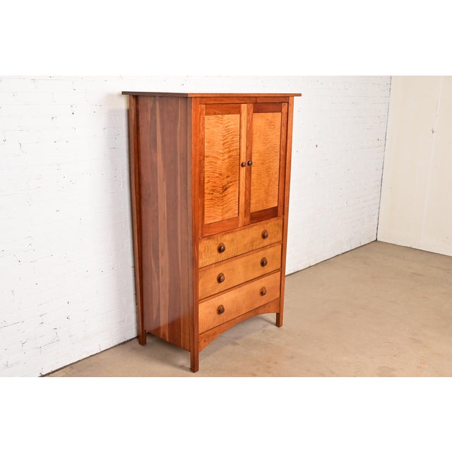 L. & J.G. Stickley, Inc. Late 20th Century Stickley Harvey Ellis Collection Mission Arts & Crafts Cherry Wood and Tiger Maple Media Armoire Cabinet For Sale - Image 4 of 14