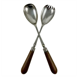 English Sheffield Silver & Oak Handled Salad Fork & Spoon Serving Pair, C. 1886