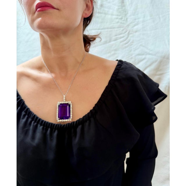 152 Ct Emerald Cut Amethyst & 10 Ct Diamond Pendant Necklace 14kw Gold + Chain For Sale In New York - Image 6 of 8