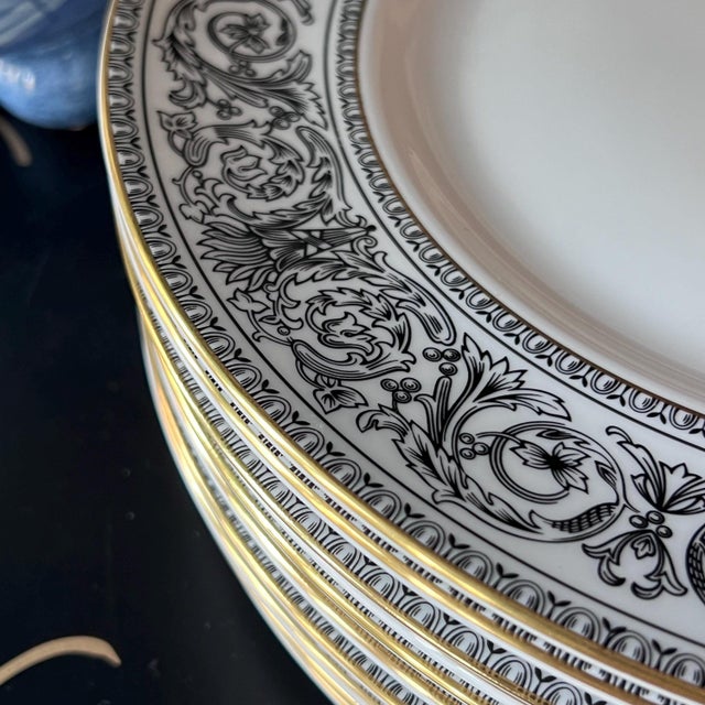 1950s Set of 10 Royal Doulton "Baronet" 10 5/8" dinner plates // black and white scroll design // 1968-1983 // classic fine china // replacement For Sale - Image 5 of 8