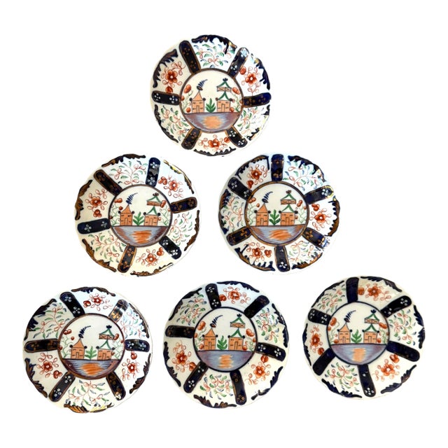 Set of Six Antique Gaudy Welsh Hand-Painted Saucers, Chinoiserie Landscape, English Pottery, C. 1820–1860 For Sale
