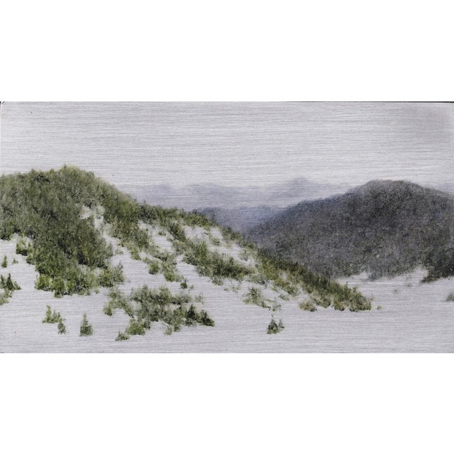 This artwork presents a serene landscape, showcasing rolling hills adorned with delicate greenery against a soft,...