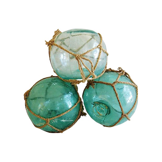 Large HandBlown Nautical Teal/Clear Glass Fishing Floats Set of 3