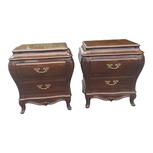 Karges Furniture Louis XVI Mahogany Bombe Nightstands Commodes With Glass Top, a Pair