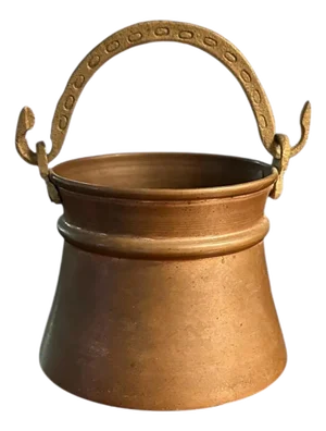 Antique Late 19th / Early 20th Century Flared Copper Pot / Pail / Vessel With Etched Brass Handle