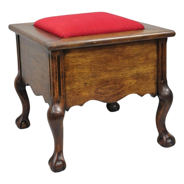 Antique Flip Top Georgian Chippendale Style Mahogany Shoe Shine Box Footstool For Sale