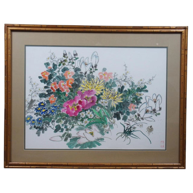 Vintage Zhongxiang Liu Chinese Chinoiserie Botanical Floral Watercolor Painting For Sale - Image 11 of 11