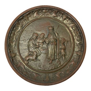 Large 14lbs Antique Ornate Bronze Patinated Cast Iron Relief Wall Charger Plaque For Sale