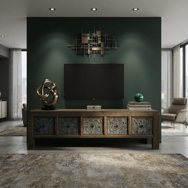 Brown Solid Wood Flower Carving 5 Drawers Blue Marks Low Tv Stand Cabinet For Sale - Image 4 of 9