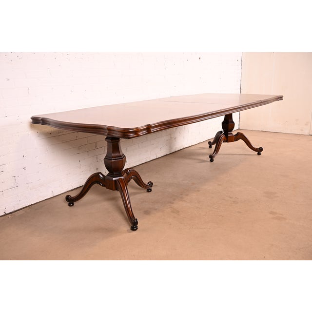 Baker Furniture Company Baker Furniture Style French Regency Walnut and Burl Wood Double Pedestal Extension Dining Table, Newly Refinished For Sale - Image 4 of 14
