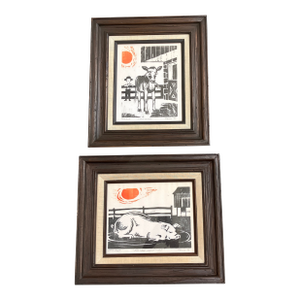 1980’s 2 Original Folk Art Barn Scene Pig & Cow Wood Block Prints Vintage Frames-a Pair
