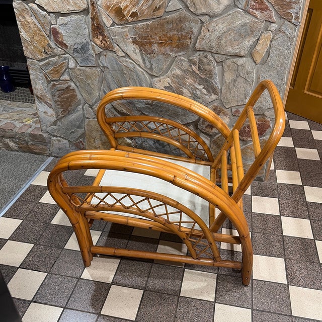 1950s Mid Century Paul Frankl Style Bent Rattan Bamboo Three Strand Pretzel Lounge Cross Hatch Pattern For Sale - Image 5 of 8