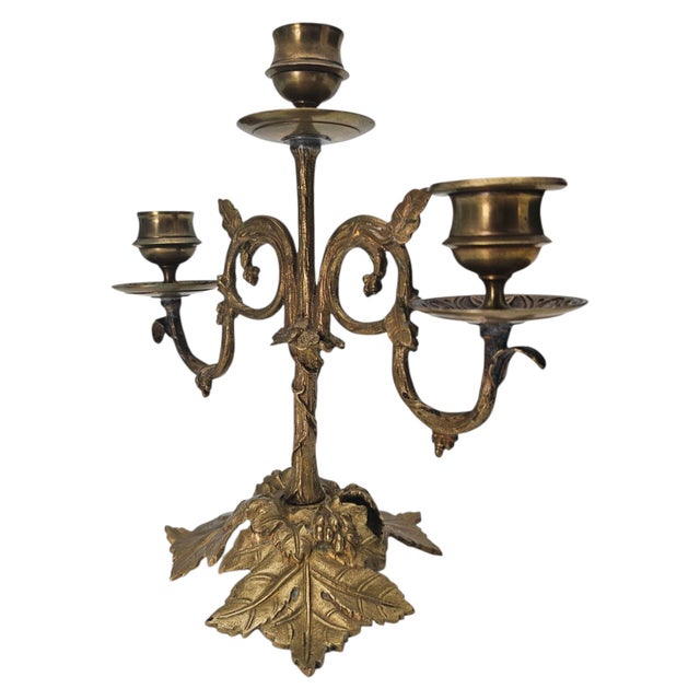 Art Nouveau Gilt Metal Three Light Candelabrum With Leaf and Vine Base 8.5" For Sale - Image 4 of 12
