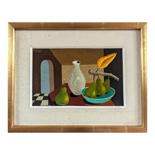 1965 Mid-Century Modern 'Pears & Glass Vase' Vintage Mini Still Life Tempera Painting by Swedish Artist Eric Cederberg (1897-1984), Framed For Sale