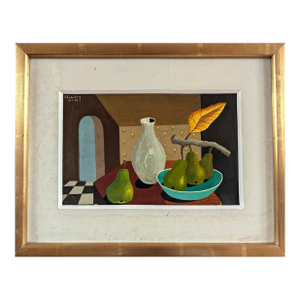 1965 Mid-Century Modern 'Pears & Glass Vase' Vintage Mini Still Life Tempera Painting by Swedish Artist Eric Cederberg (1897-1984), Framed