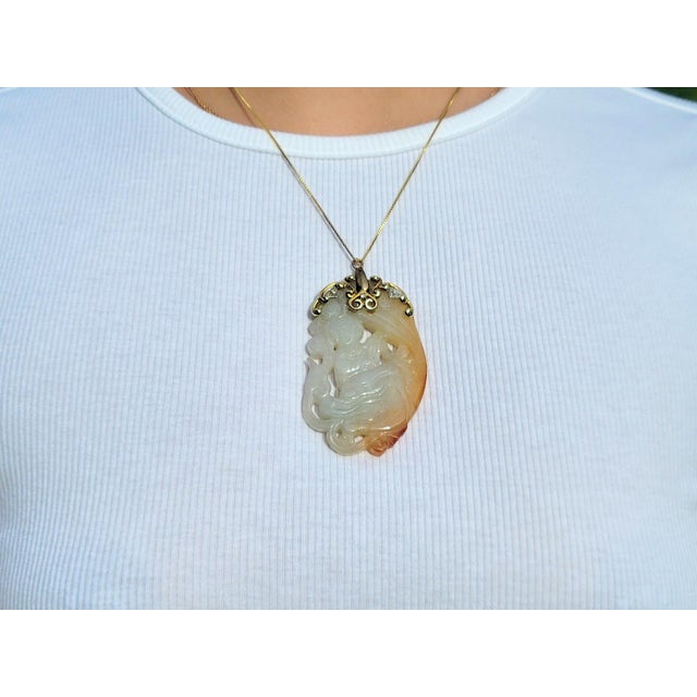 Early 20th Century Gia Certified, Antique Chinese Jade Gold Pendant Goddess Guanyin With Diamond For Sale - Image 5 of 9