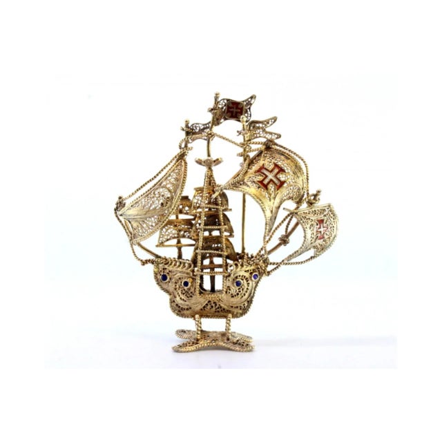 Silver Small Caravel in Gilded Silver Filigree For Sale - Image 8 of 9