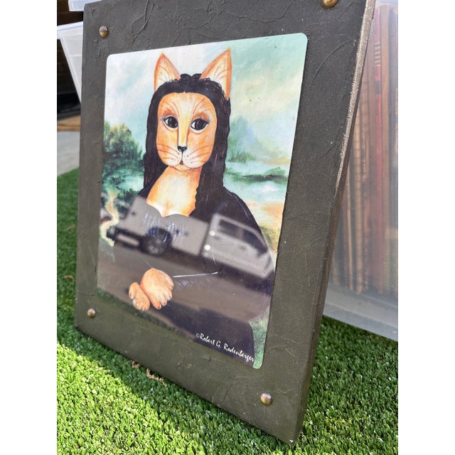 Textile 1990s Cat Mona Lisa Art on Canvas Frame Reproduction For Sale - Image 7 of 7