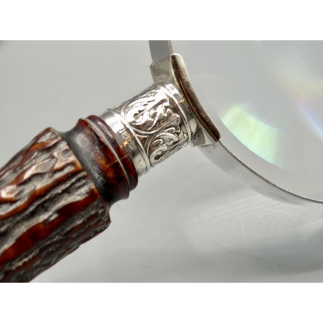 Metal Antique English Sterling & Natural Stag Horn Hand Magnifying Glass For Sale - Image 7 of 12