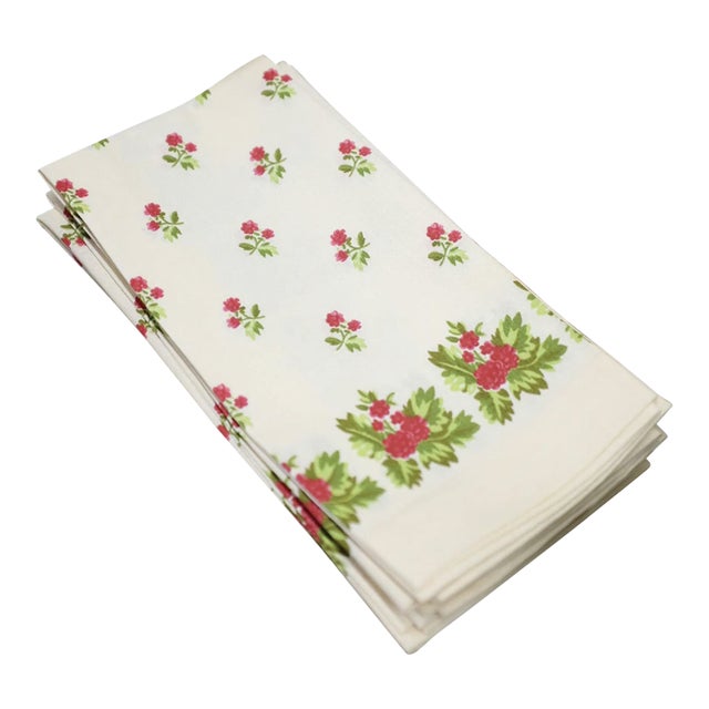 1990s Floral/Raspberry Cotton Dinner Napkins- Set of 4 For Sale