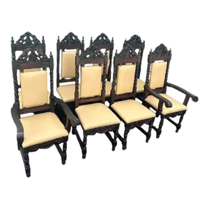 Set of 8 Spanish Colonial Style Chairs With New Leather Upholstery - Made in Mexico - Vintage Mid 20th Century