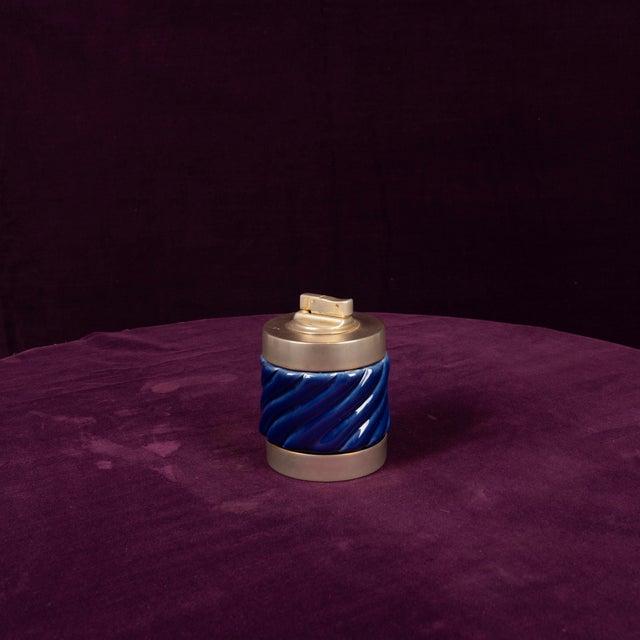 Blue Glazed Ceramic and Brass-Toned Metal Table Lighter by Tommaso Barbi, 1970s For Sale - Image 4 of 17