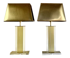 Gold and Clear Acrylic Glass Table Lamps, Belgium, 1970s, Set of 2